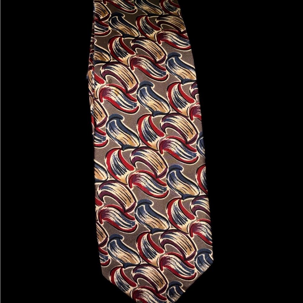 Vintage Boston traders silk tie Brown with Red, Blue and Gold Wave Pattern